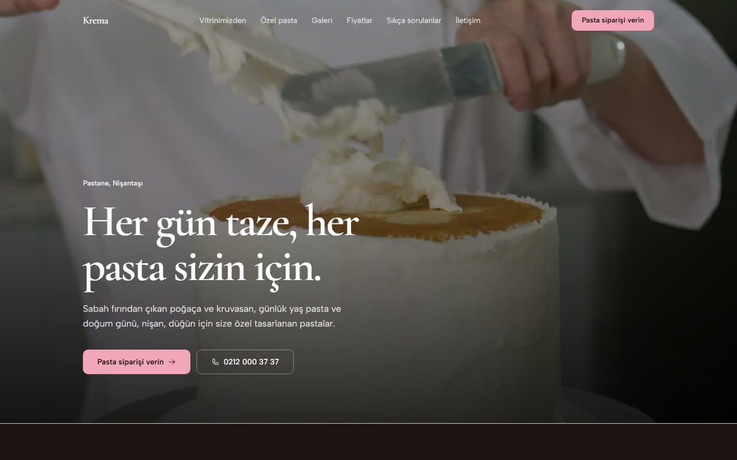 Krema Pastanesi için hazırlanmış örnek sitenin giriş bölümü